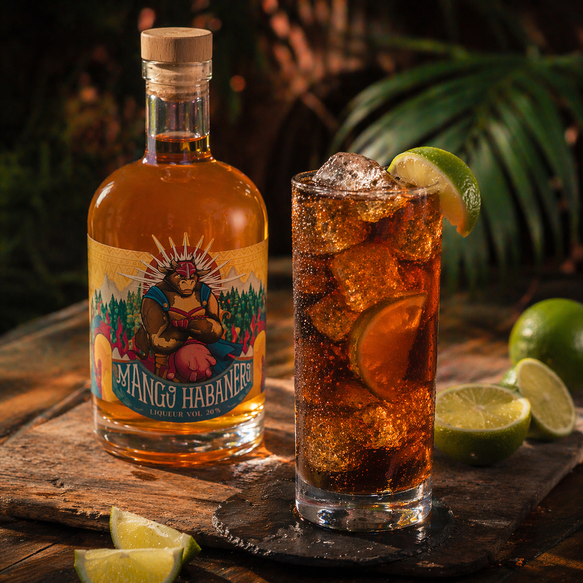 Cuba Libre with mango habanero liqueur by Gastein Moonshine, a refreshing cocktail in a long drink glass garnished with lime