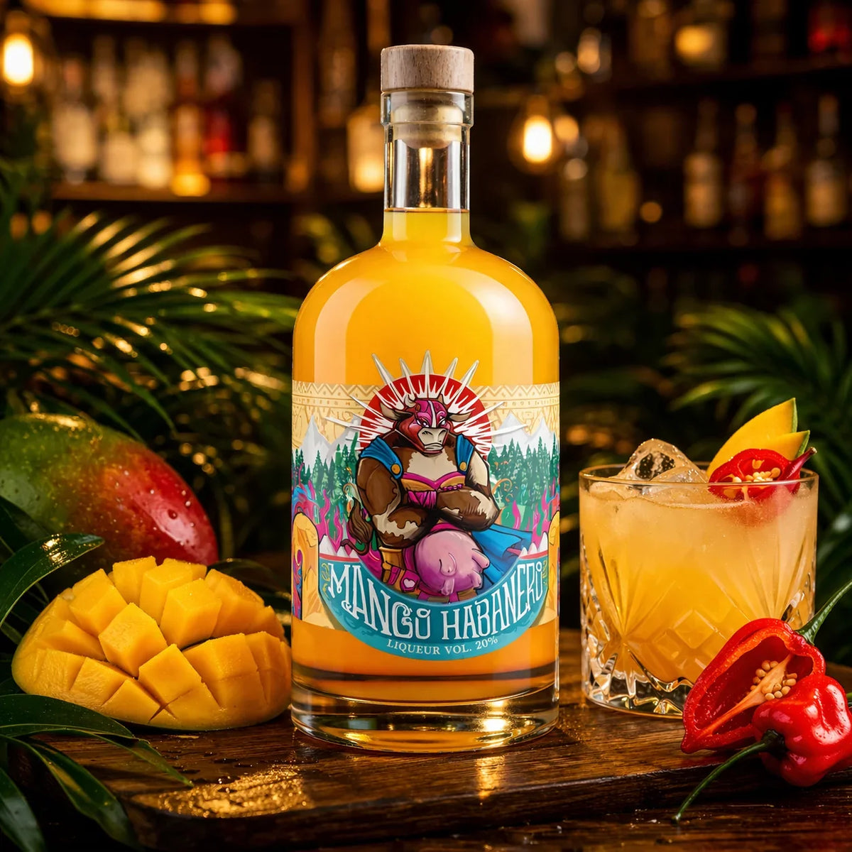 MaHa Shot mango habanero liqueur beside a mango habanero cocktail with fresh mango and habanero chilli