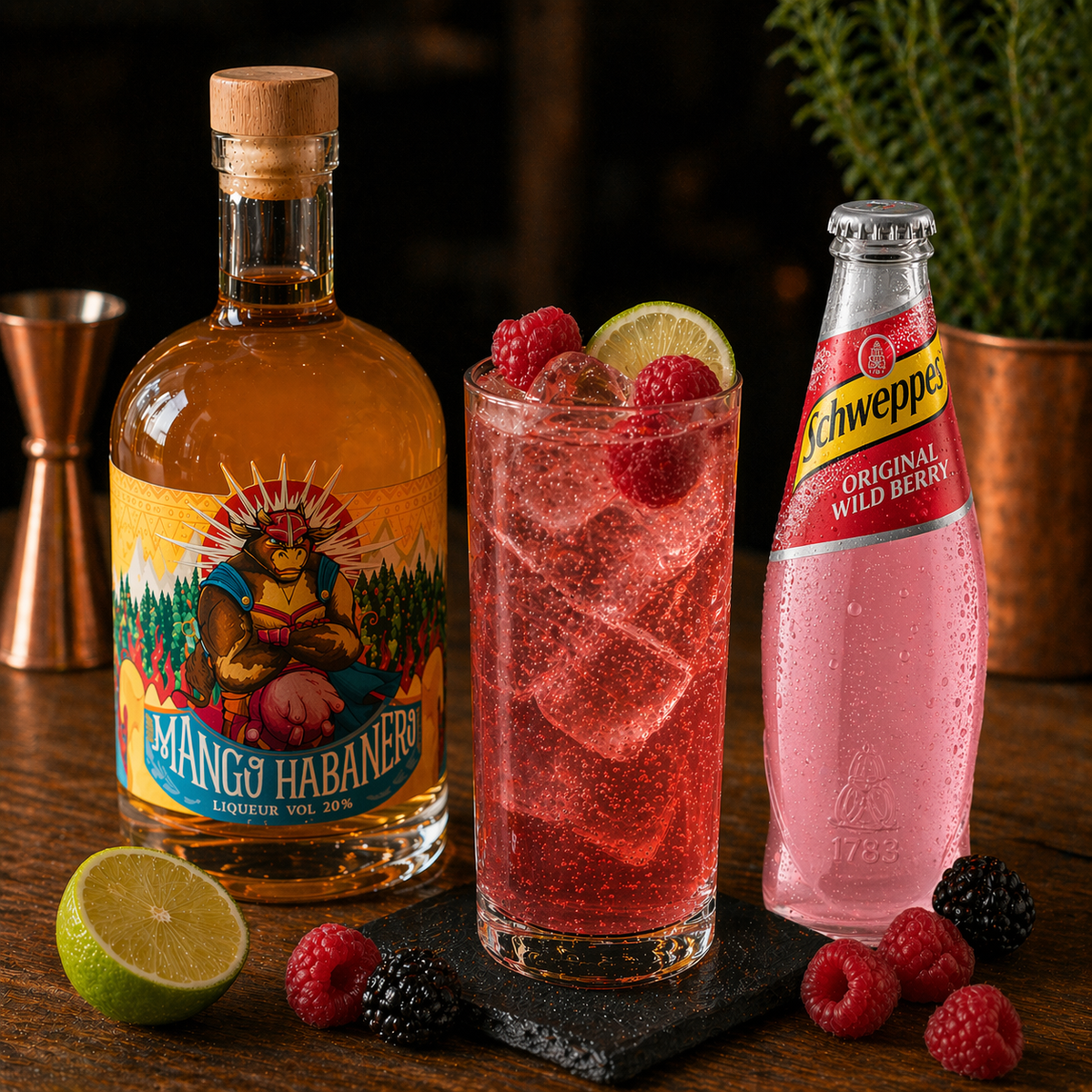 Mango Habanero Likör Cocktail mit Schweppes Wild Berry, Himbeeren und Limette auf Eis – fruchtig-scharfer Longdrink