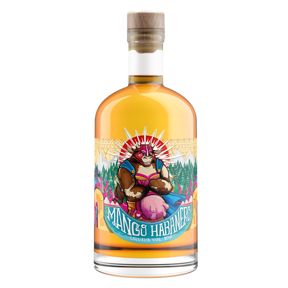 MaHa Shot mango habanero liqueur, 0.7 l bottle with the Bertha Libre luchador cow label
